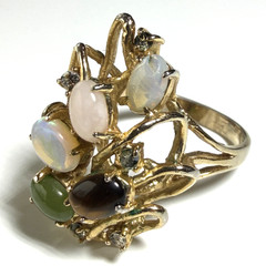 Vintage Cocktail Ring Multi Stone Cabochon Statement Gold Tone Sz 6.25