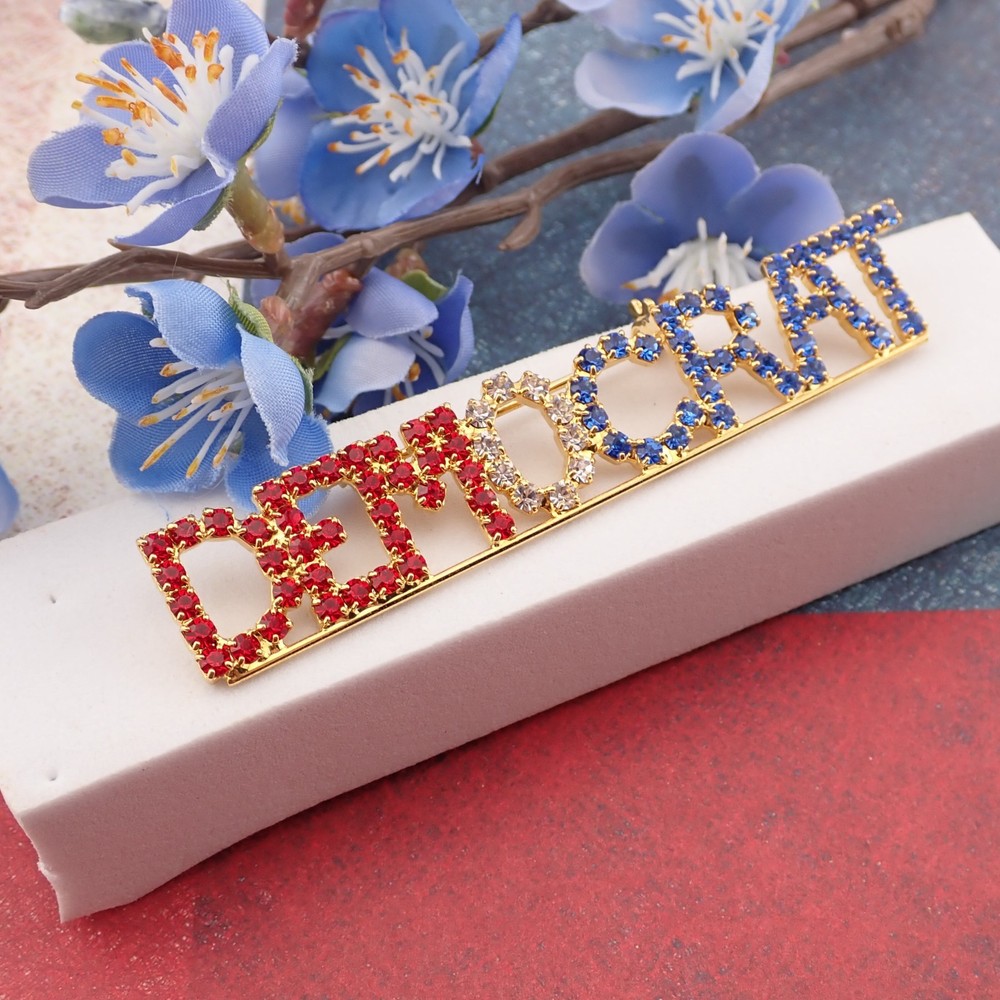 VTG Prong Set Rhinestone Democrat Political Red White Blue Gold Tone Pin Brooch