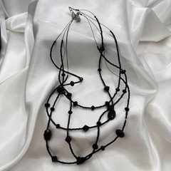 Vintage 90s Black Glass Multi Strand Layered Statement Necklace Boho Chic Goth