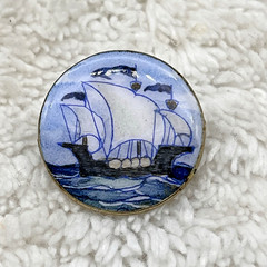 Vintage Sailing Ship Brooch Blue White Enamel Nautical Schooner Pin 1″