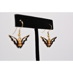 Vintage Black Bat Earrings Halloween Red Rhinestone Crystal 1990s BinAZ