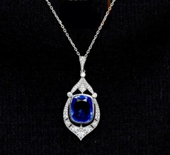 Art Deco Style Blue Lab Created Sapphire Wedding 14K White Gold Finish Pendant