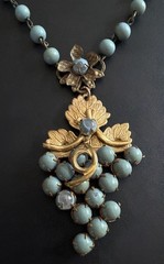 Antique Czech Glass Grape Cluster Necklace Brass Blue Bead Art Deco Neiger Style