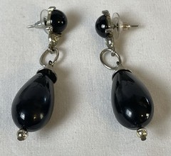 Vtg 60s Chunky Dangling Earrings Black Geometric Silver Toned Hook
