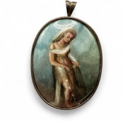 READ Antique 800 Silver Signed Hand Painted Woman Brooch Pin Trombone Clasp J29