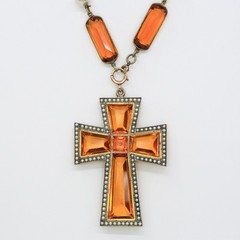 Rare Antique Czech Amber Glass Latin Cross Necklace Blown Glass Pearls 1920s