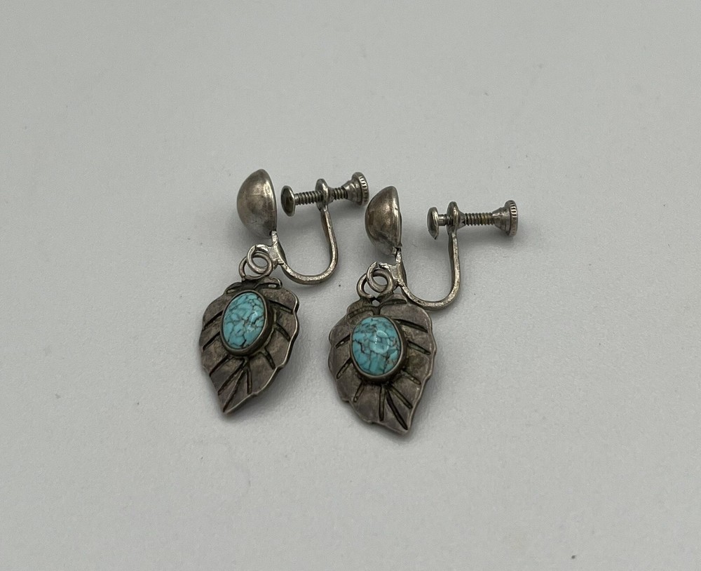 Vintage Sterling Turquoise Twist Back Clip On Earrings Leaf Dangle