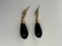 Vintage Victorian Gold Tone Black Teardrop Dangle Pierced Earrings
