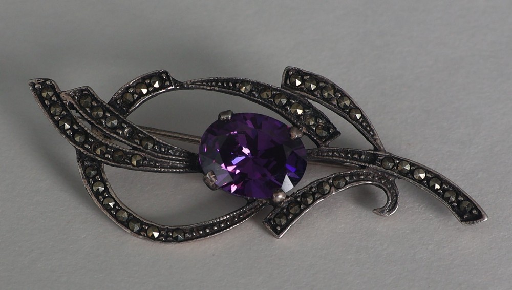 Antique 925 Sterling Silver Amethyst & Marcasite Edwardian Brooch