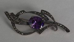 Antique 925 Sterling Silver Amethyst & Marcasite Edwardian Brooch