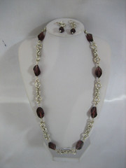 VINTAGE STERLING SILVER ROLO CHAIN AND GLASS BEAD NECKLACE AND EARRING SET