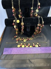 Red Orange Copper Gold Dangle Bib Necklace Bracelet Belt Vintage U Design Jewel