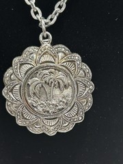 W. GERMANY Aluminum Necklace Pendant Silver Tone Palm Trees Beach 2-sided Hawaii