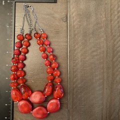 Vintage Necklace Red Chunky Silver Tone Beaded Statement Layered Chain Y2K Glam