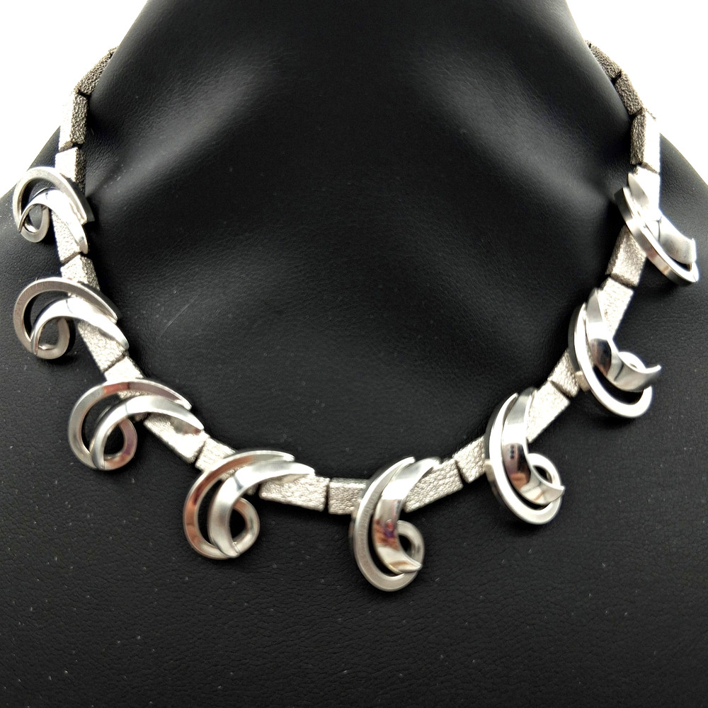 Vtg Style Silver Tone Atomic Swirl Statement Necklace Adjustable MCM Mid Century