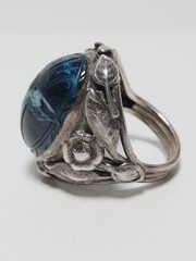 Antique Sterling Silver Carved Blue & White Dumortierite Scarab Beetle Ring Sz 4