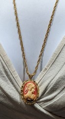 Vintage Cameo Pendant Necklace With Ornate Chain & Intricate Profile Design