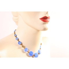 1940s 1950s Purple Blue Circle Disc Glass and Brass Metal Beaded Necklace