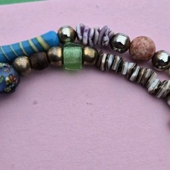 Vintage Boho Beaded Necklace Painted Glass Carved Wood Shell Metal Beads