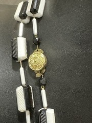 Vintage West Germany 48″ Black White Box Link Necklace Clip On Earrings READ