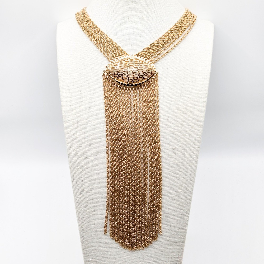 Rare Vintage Monet Sculptural Multi Strand Tassel Statement Necklace Gold Tone