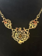 Vtg Unsigned Art Nouveau Style Gold Tone wBright Faux Aquamarine Crystals Choker
