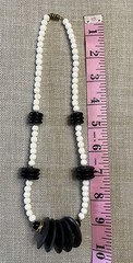 Vintage 18” Bone Wood Disc Horn Glass Beaded Artistic Necklace Cream Black