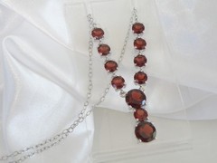 Sterling Silver 925 Natural Garnet Drop V Tennis Necklace