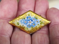 Antique hand painted porcelain brooch jewelry pin lot blue flower C clasp 2 1/4″