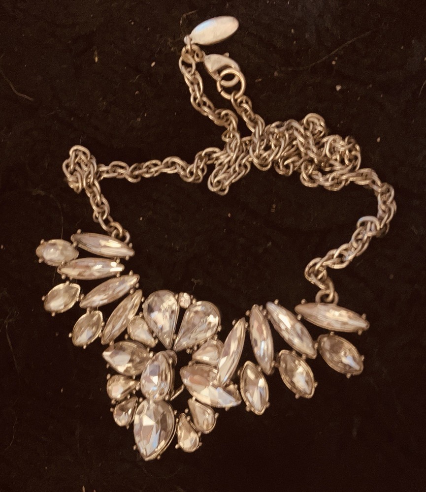Vintage Ann Taylor Silver Tone Crystal Rhinestone Marquise Statement Necklace