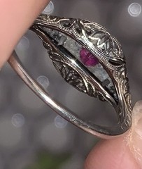 Antique 10k W Gold Vivid Pink Filigree Carved Etch Ring Nouveau Edwardian 2.25g