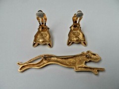 Vintage Jackie Collins PANTHER Big CAT set Brooch Clip on Earrings