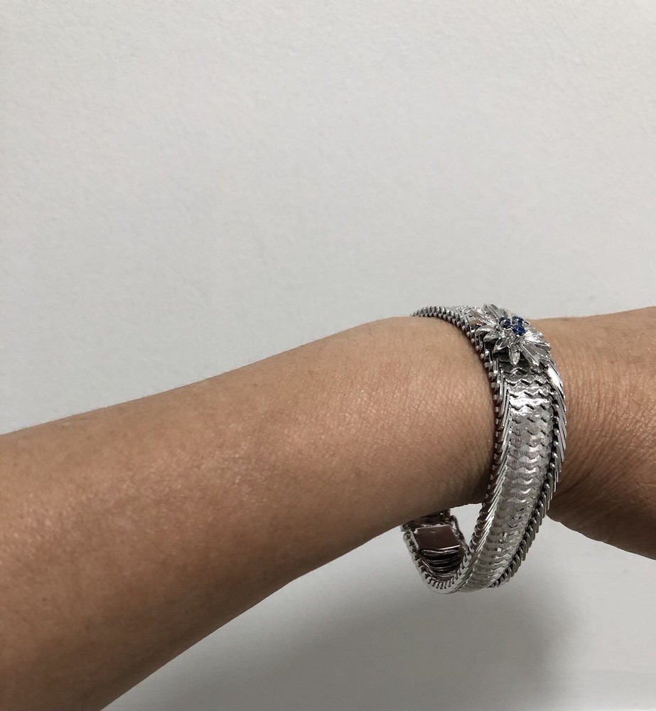 Vintage K18 White Gold Blue Gemstone Band Chain Bracelet/Bangle, 7.5”x0.5”