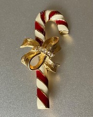 Vintage Napier Christmas Candy Cane Pin with Bow Gold Tone & Enamel