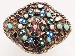 Antique 1890’s Austro Hungarian Almandine Garnet, Enamel, Turquoise Pearl Brooch