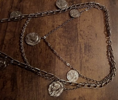 vintage silvertone coins necklace layered 1960s