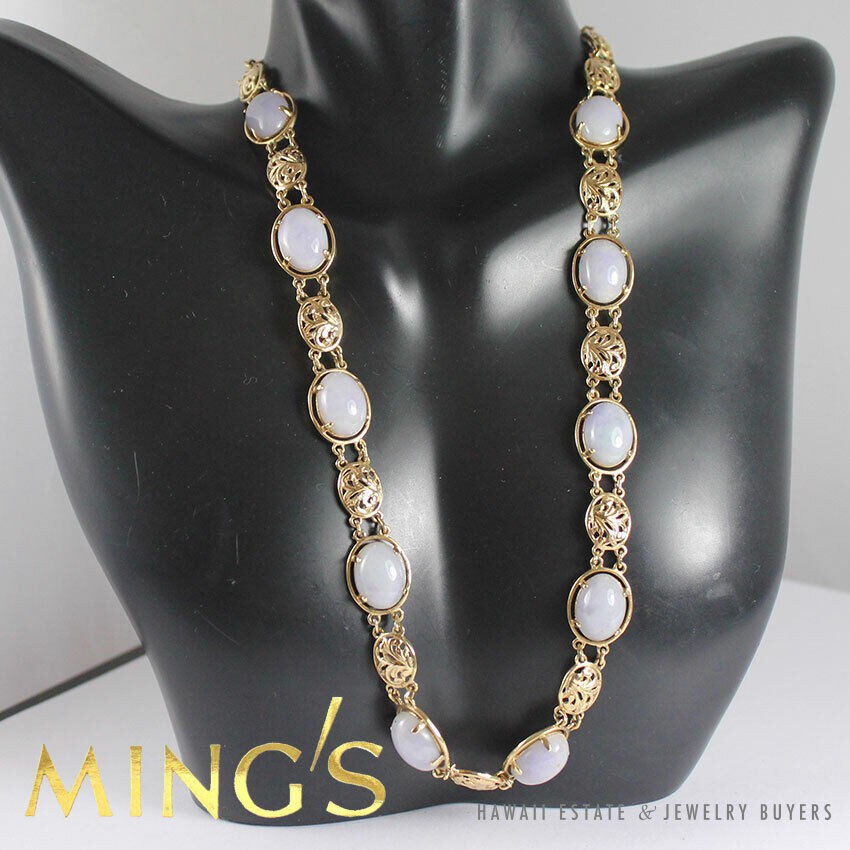 Ming’s Hawaii Lavender Jade Cabochon Link 14K Yellow Gold Necklace 16″