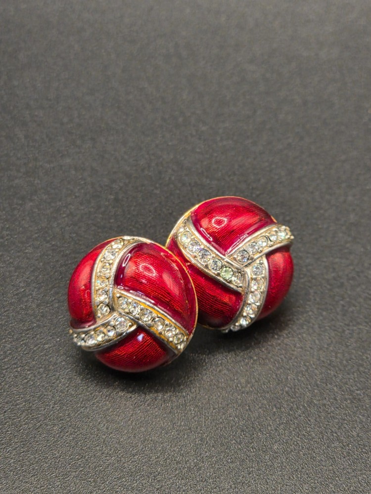 Vintage signed MMA MAd round red enamel and rhinestone stud earrings jewelry