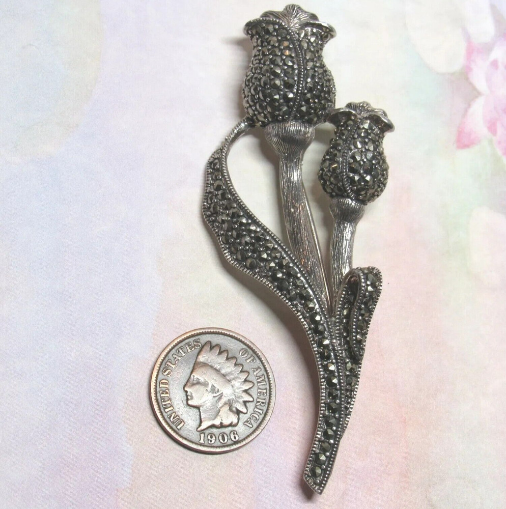 Genuine Solid Sterling Silver with Marcasite Stones Tulip Leaf Flower Pin 14.5g