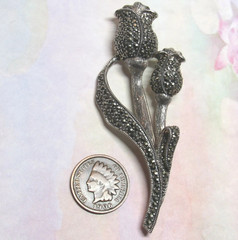 Genuine Solid Sterling Silver with Marcasite Stones Tulip Leaf Flower Pin 14.5g