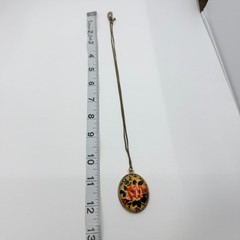 Vintage Russian Khokhloma Style Oval Rose Pendant Necklace Hand Painted Floral