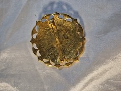 Vintage Lady Remington Round Brooch Gold Tone With Faux Red Gem