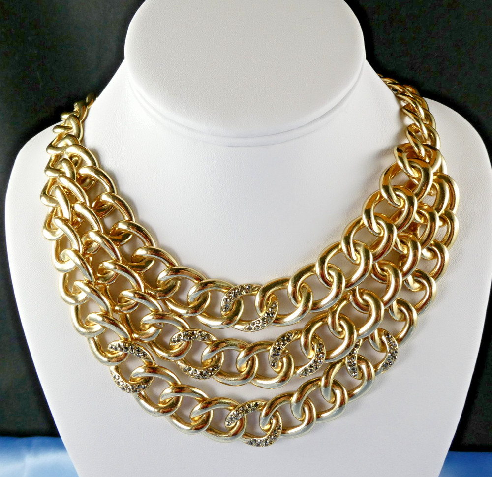 Pretty Triple Chain Link Bib Necklace Gold Tone w/ Tiny Marcasites