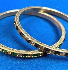 VINTAGE ANTIQUE 2 STERLING BLUE & GREEN & WHITE RHINESTONE CRYSTAL BANGLE SET