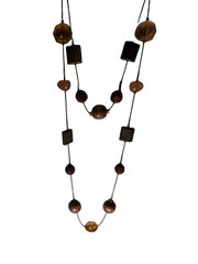 Vintage Boho Earthy Layered Necklace Wood Beads Amber Crystal Carnelian Tone 30″