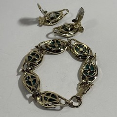 Vintage Teal Green Thermoset Lucite Link Jewelry Set Bracelet Earrings Gold Tone
