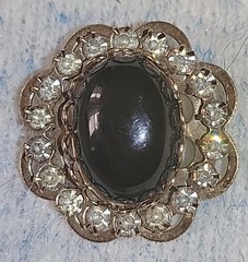 Black plastic -Stone Brooch Gold Toned W/Crystal Rhinestones 2.5”