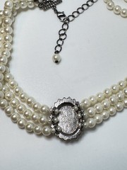 Vintage 3 Strand Faux Pearl Choker Necklace Smoky Rhinestone Gunmetal Clasp