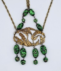Art Nouveau Statement Bib Necklace Enamel Butterfly Lava Glass REPURPOSED