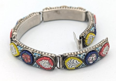 Vintage Micro Mosaic Link Bracelet Multi Color Floral Silver Tone 5 Panel